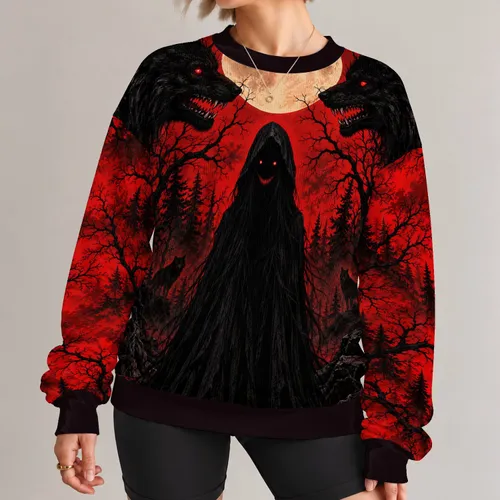 Red Moon Hooded Specter And Wolves For Ominous Halloween Night Adventures All-over Print Knitted Sweater