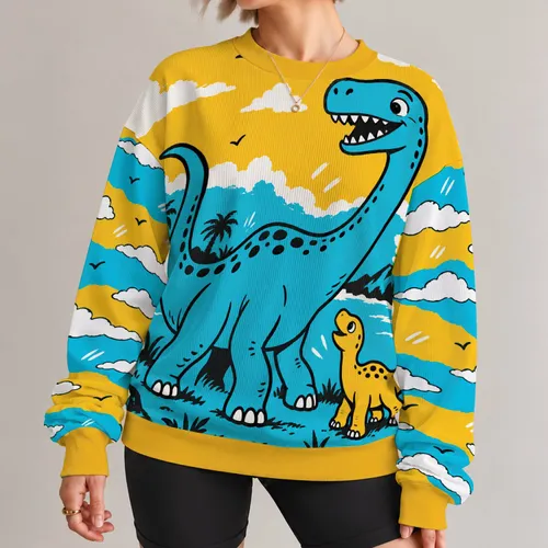 Playful Turquoise Dinosaur Adventure for Casual Youthful Weekend and Everyday Wear All-over Print Knitted Sweater
