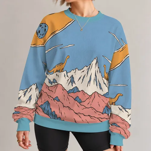 Playful Dinosaur Mountain Scene for Casual Fall Adventures and Relaxed Weekend Wear All-over Print Knitted Sweater