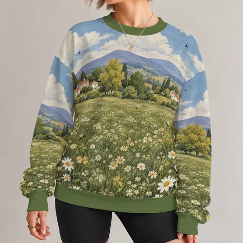 Wildflower Meadow Cottage Landscape for Whimsical Springtime Outings and Nature Lovers All-over Print Knitted Sweater