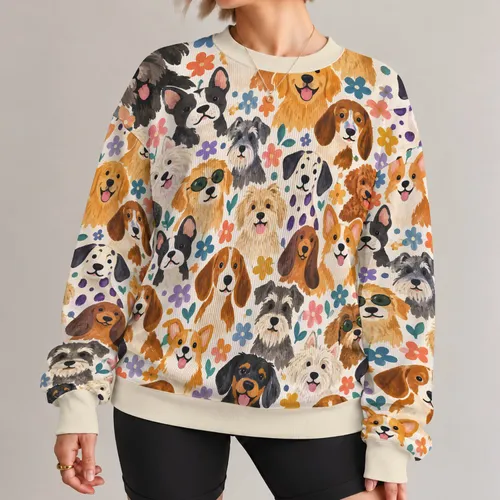 Playful Hand-Painted Cartoon Dogs for Casual Everyday Style and Dog Lover Outings All-over Print Knitted Sweater