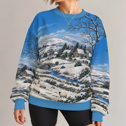 Snowy Countryside Village With Sheep for Cozy Winter Escapes and Charming Rural Days All-over Print Knitted Sweater