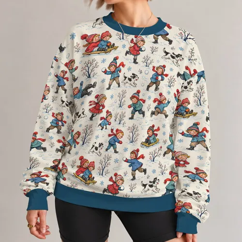 Vintage Children Snowballing and Sledding for Cozy Christmas Holiday Gatherings All-over Print Knitted Sweater