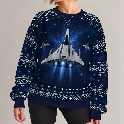 Retro Starship Galaxy Holiday Motifs for Festive Winter Celebrations and Space Fans All-over Print Knitted Sweater