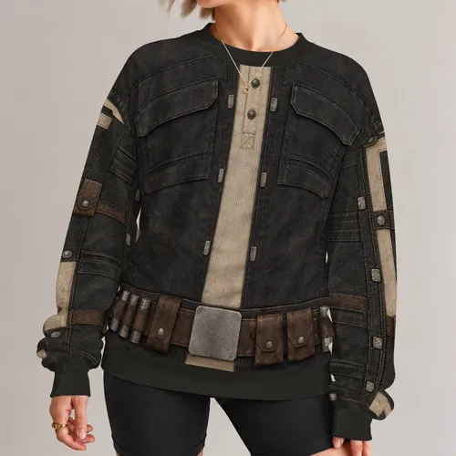 Charcoal Smuggler Vest And Utility Belt Outfit For Sci Fi Cosplay And Halloween Fans All-over Print Knitted Sweater
