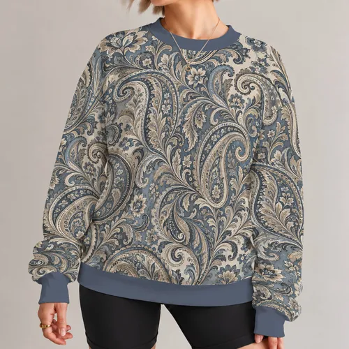 Blue Gray Paisley and Floral Motifs for Artful Everyday Wardrobe Styling All-over Print Knitted Sweater