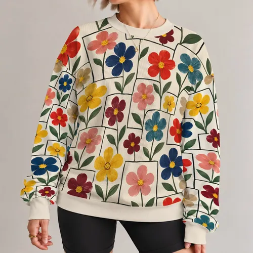 Colorful Patchwork Flowers for Spring Outings and Everyday Vintage Style All-over Print Knitted Sweater