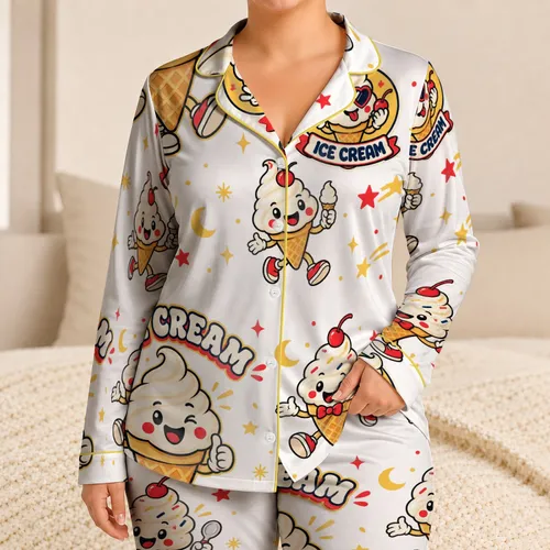Retro Ice Cream Cone Sleepwear For Cozy Summer Nights, Cute Choice For Teens At Home Satin Pajamas Set