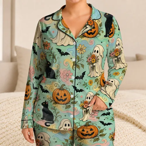 Vintage Halloween Ghosts, Pumpkins, and Cats Cozy Fall Gifts for Women and Teens Satin Pajamas Set