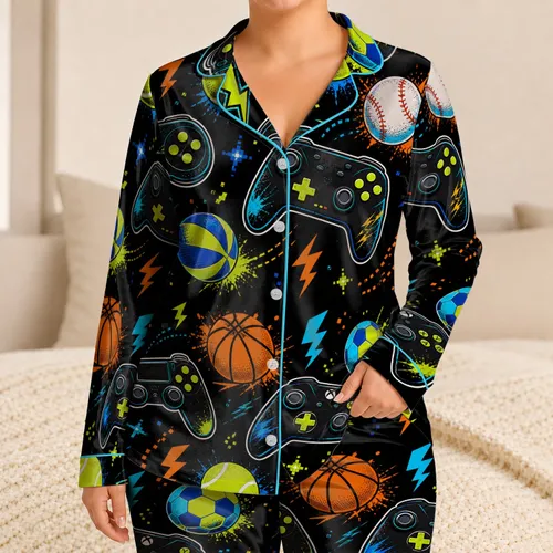 Retro Gamer Nightwear For Teens, Neon Sports Lounge Style Gift Idea For Game Lovers Satin Pajamas Set