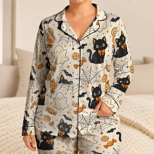 Halloween Cat and Ghost Sleepwear Set for Cozy Autumn Nights and Teen Sleepovers Satin Pajamas Set