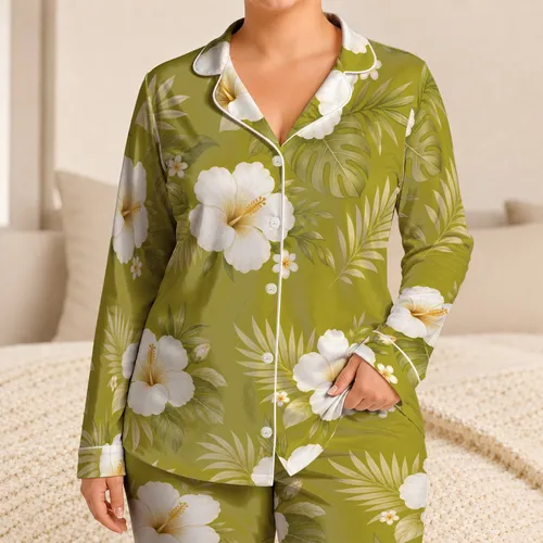 White Hibiscus Olive Tropic Style for Summer Nights and Coastal Getaways for Teen Girls Satin Pajamas Set
