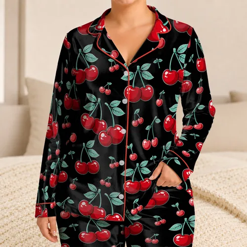 Retro Cherry Loungewear For Cozy Nights, Weekend Relaxation And Home Comfort For Women Satin Pajamas Set