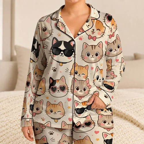 Cute Edgy Cat Faces Cozy Home Lounge Gift for Women and Cat Lovers Everyday Comfort Satin Pajamas Set