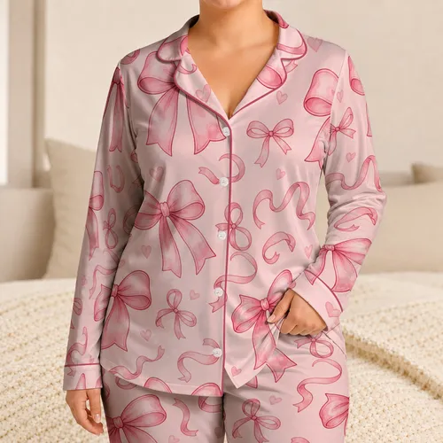 Blush Bow Ribbon Nightwear for Cozy Nights and Romantic Lounging for Women at Home Satin Pajamas Set