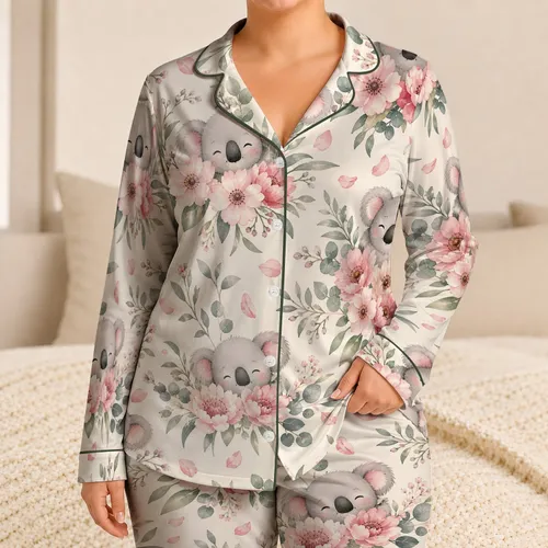 Sleepy Koala Blooms For Cozy Spring Nights And Gentle Home Relaxation For Women At Home Satin Pajamas Set
