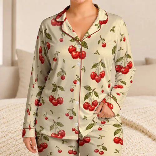 Cream Cherry At Home For Spring Evenings, Soft Retro Cozy Gift For Her All Day Style Satin Pajamas Set