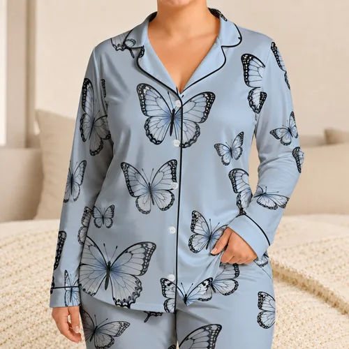 Powder Blue Butterfly Lounge Set for Relaxing Cozy Nights and Gift Giving for Women Satin Pajamas Set
