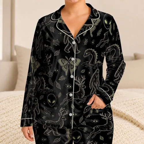 Cryptid Safari Midnight Lounge Style For Cozy At Home Nights Gift For Men And Women Satin Pajamas Set