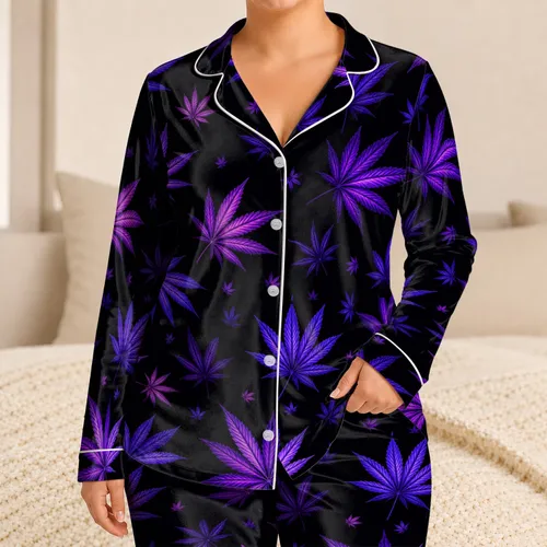 Violet Cannabis Leaves On Inky Black For Relaxed Nighttime Style For Him Gift Idea Satin Pajamas Set