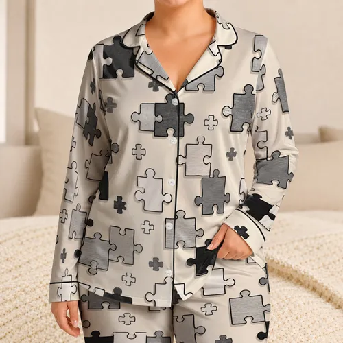 Black and White Puzzle Motif Cozy Evening Wear for Men With Bold Contrast At Home Satin Pajamas Set