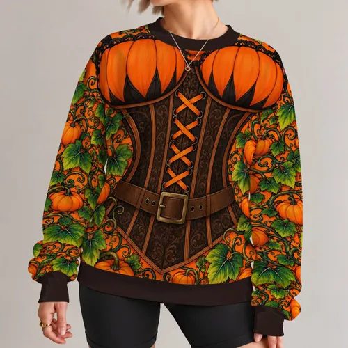 Orange Pumpkin Corset Halloween Party Look for Spooky Seasonal Costume Celebrations All-over Print Knitted Sweater