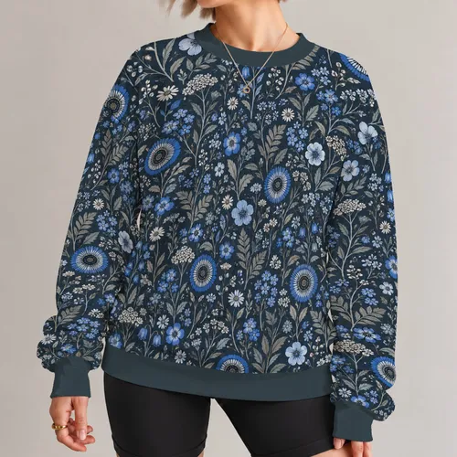 Blue Botanical Florals for Everyday Autumn Outfits and Relaxed Weekend Wardrobe Styling All-over Print Knitted Sweater