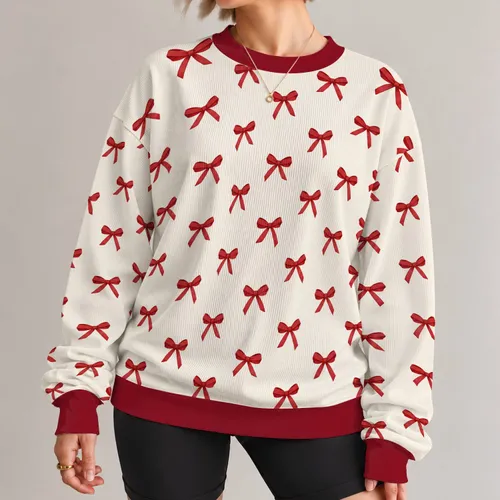 Crimson Ribbon Bows on Ivory for Cozy Autumn Outfits and Gift Giving All-over Print Knitted Sweater