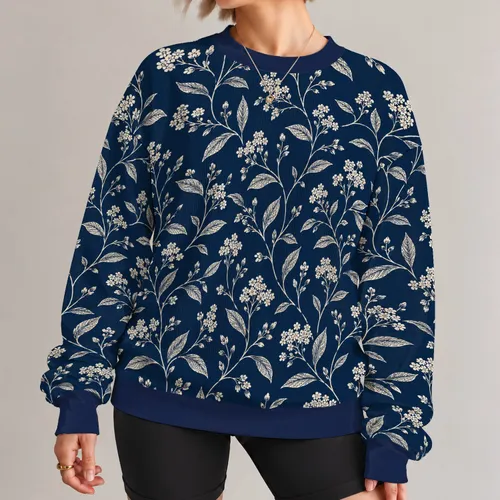 Ivory Wildflower Vines on Navy for Elegant Autumn Outfits and Everyday Botanical Style All-over Print Knitted Sweater
