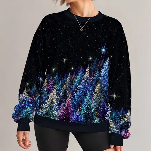 Colorful Starlit Christmas Tree Scene for Festive Winter Celebrations and Holiday Nights All-over Print Knitted Sweater