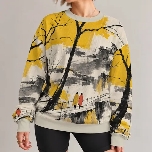 Abstract Tree Landscape with Colorful Travelers for Creative Autumn City Outings All-over Print Knitted Sweater