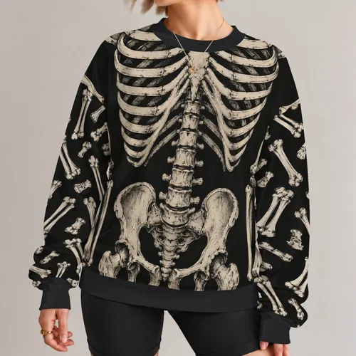 Ivory Skeleton Bones on Charcoal for Halloween Nights and Alternative Style All-over Print Knitted Sweater