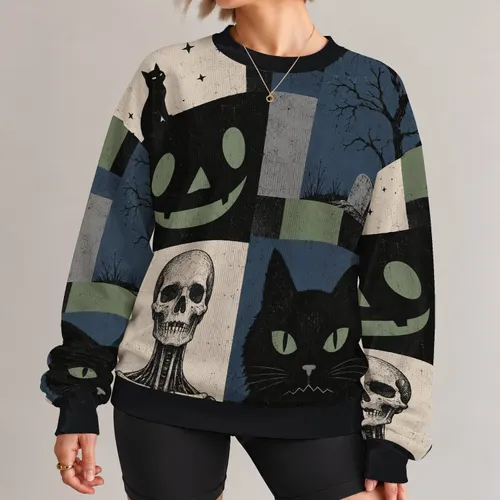Patchwork Black Cats And Halloween Faces For Cozy Autumn Nights And Spooky Season Style All-over Print Knitted Sweater