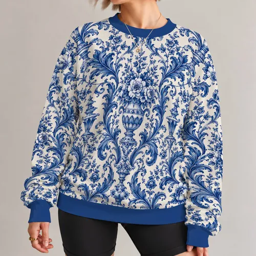 Blue And White Porcelain Scrollwork For Elegant Autumn Winter Outings All-over Print Knitted Sweater