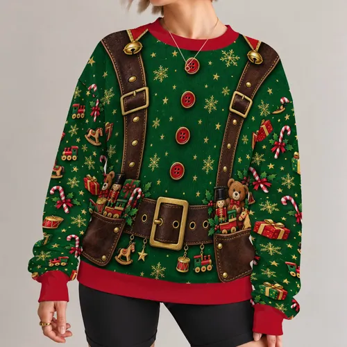Elf Toymaker Belt and Teddy Bear Gifts for Christmas Parties and Festive Holiday Gatherings All-over Print Knitted Sweater