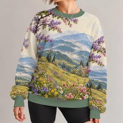 Spring Wildflower Mountain Meadow Scenery for Nature-Loving Everyday Outings and Travel All-over Print Knitted Sweater