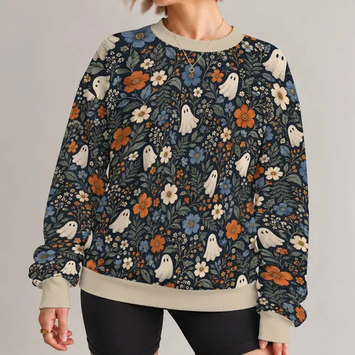 Whimsical Ghosts and Wildflowers for Cozy Autumn Outings and Everyday Casual Style Lovers All-over Print Knitted Sweater