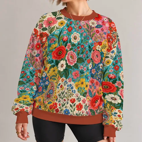 Colorful Folk Floral Patchwork for Spring Outings and Everyday Layering All-over Print Knitted Sweater