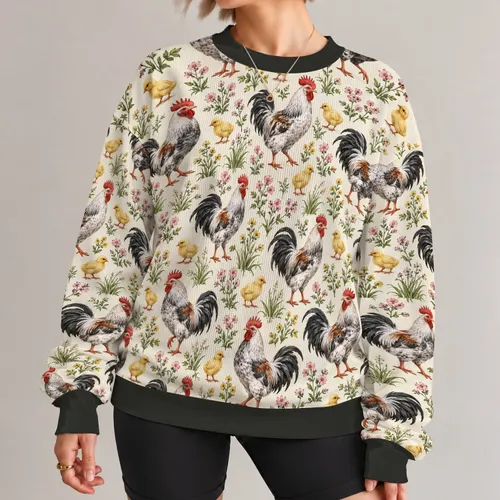Rooster and Chick Country Charm for Garden Days and Easygoing Weekend Style for Her All-over Print Knitted Sweater