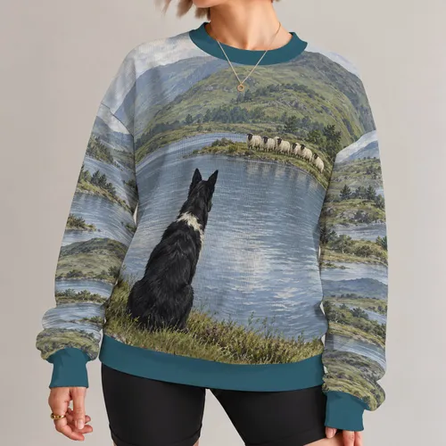 Shepherd Dog Watching Sheep by the Lake for Countryside Walks and Country Living All-over Print Knitted Sweater
