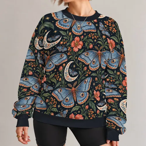 Blue Moths, Crescent Moons And Wildflowers For Whimsical Nature Lovers All-over Print Knitted Sweater