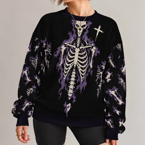 Purple Skeleton Bones and Cross for Halloween Parties and Spooky Season Celebrations All-over Print Knitted Sweater