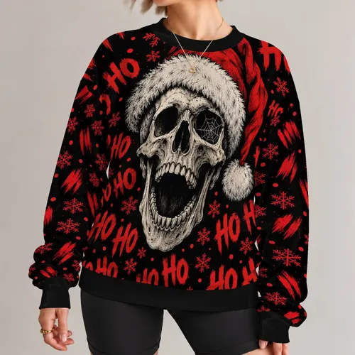 Santa Hat Skull and Snowflakes for Festive Holiday Parties and Seasonal Celebrations All-over Print Knitted Sweater