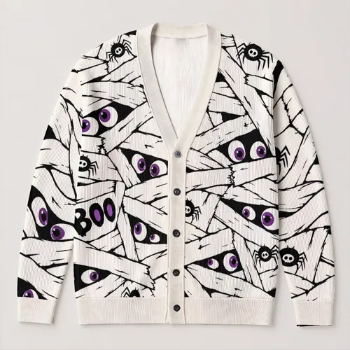Cute Mummy Spider Halloween Boo Theme for Spooky Season Parties and Teen Style All-over Print Knitted Cardigan