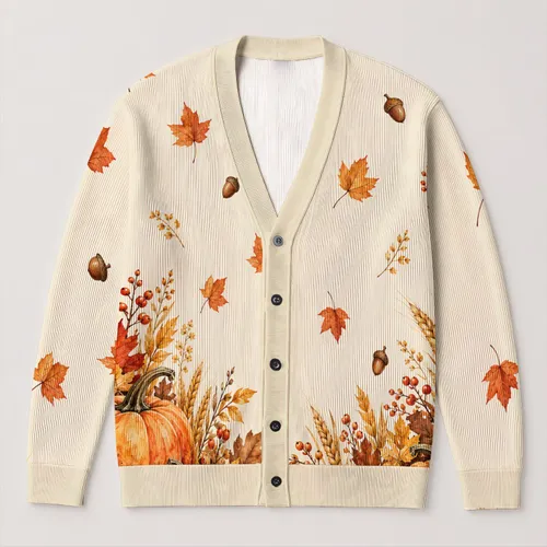 Autumn Pumpkins And Maple Leaves For Cozy Harvest Season Everyday Layering All-over Print Knitted Cardigan