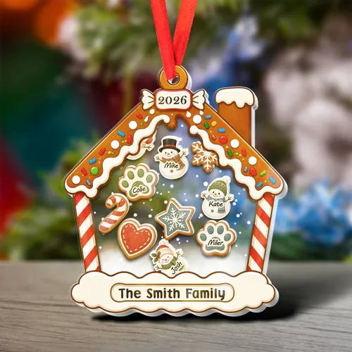 Personalized Gingerbread House Shaker Ornament – Custom Family & Pet Names, Year Christmas Keepsake