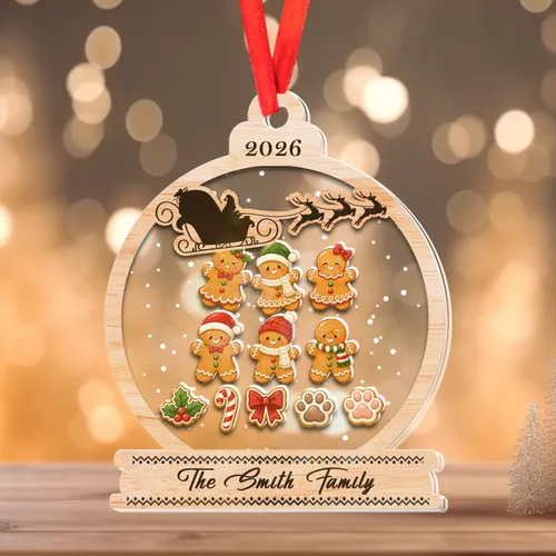Personalized Family Shaker Ornament – Custom Gingerbread Family & Pets, Santa Sleigh Keepsake