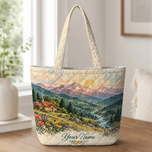 Mountain Valley Cottage With Wildflowers For Cozy Nature-Loving Everyday Adventures Quilted Tote Bag