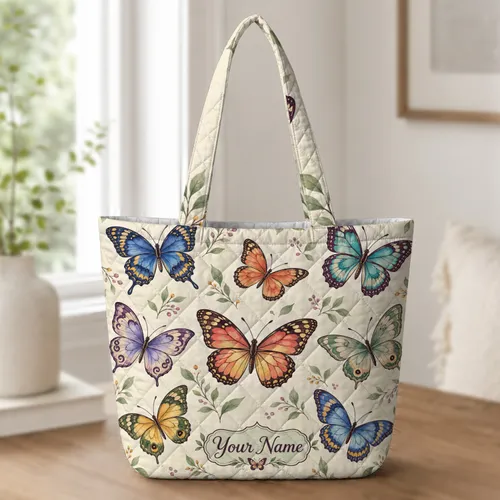 Colorful Butterfly Spring Gift for Nature Lovers, Garden Days and Outdoor Escapes Quilted Tote Bag