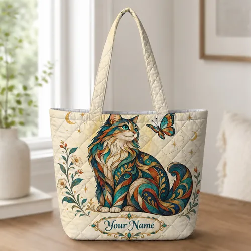 Ornate Stained Glass Cat and Butterfly for Whimsical Everyday Style, Gift for Her Quilted Tote Bag